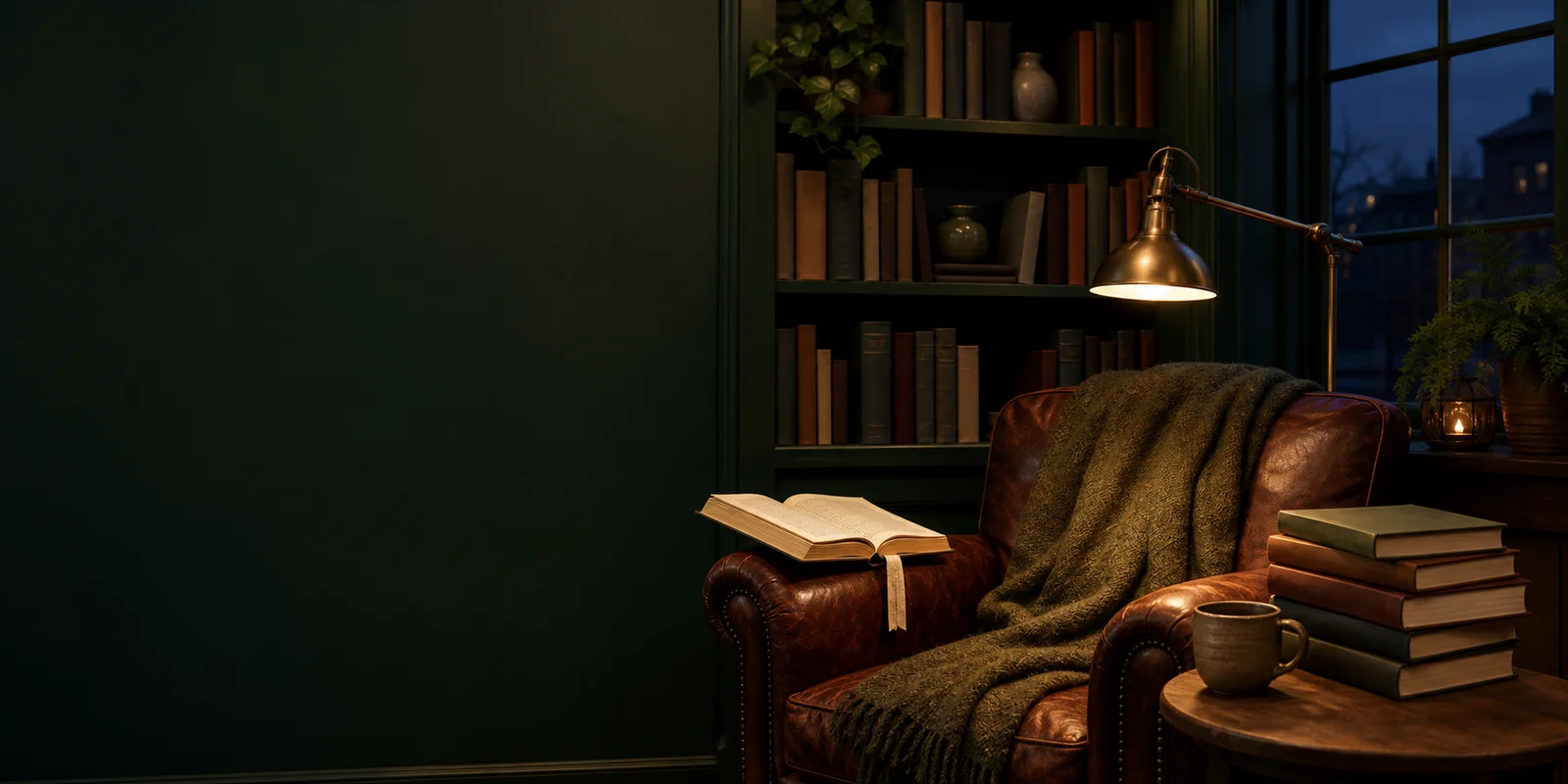 A leather reading chair, warm lamp and shelves of books in a green library alcove